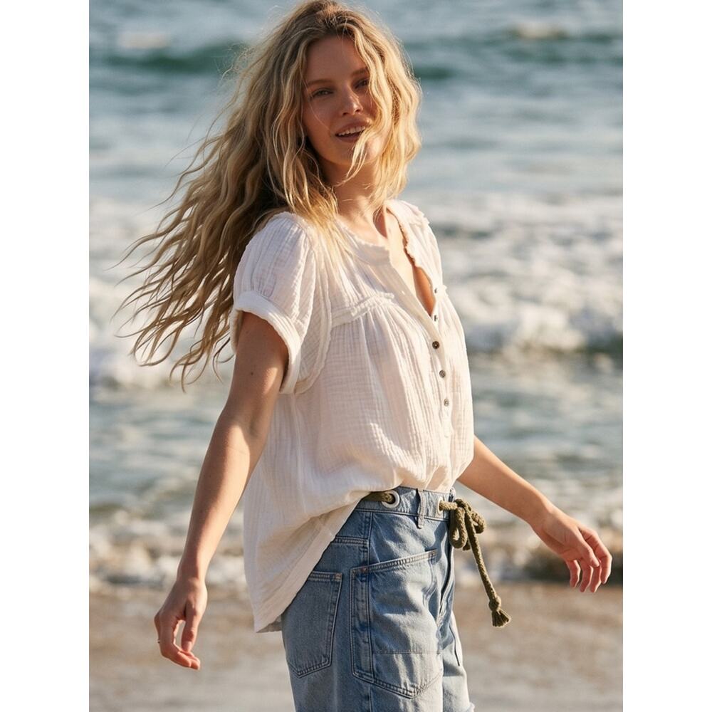Free People Bohemian Horizons Double Cloth Gauze Swing Top Optic White Large - Picture 2 of 14